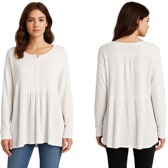 Free People Oversized Thermal Henley Waffle Knit Top Tunic White Long Sleeve (M) - Picture 1 of 7